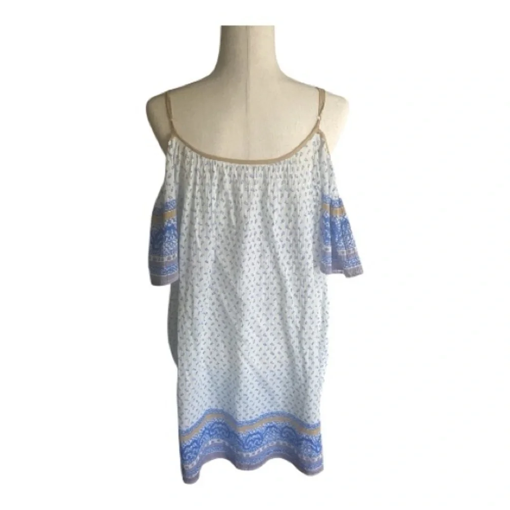 FREE PEOPLE-BLUE AND WHITE OFF SHOULDER DRESS-WOMENS SIZE LARGE